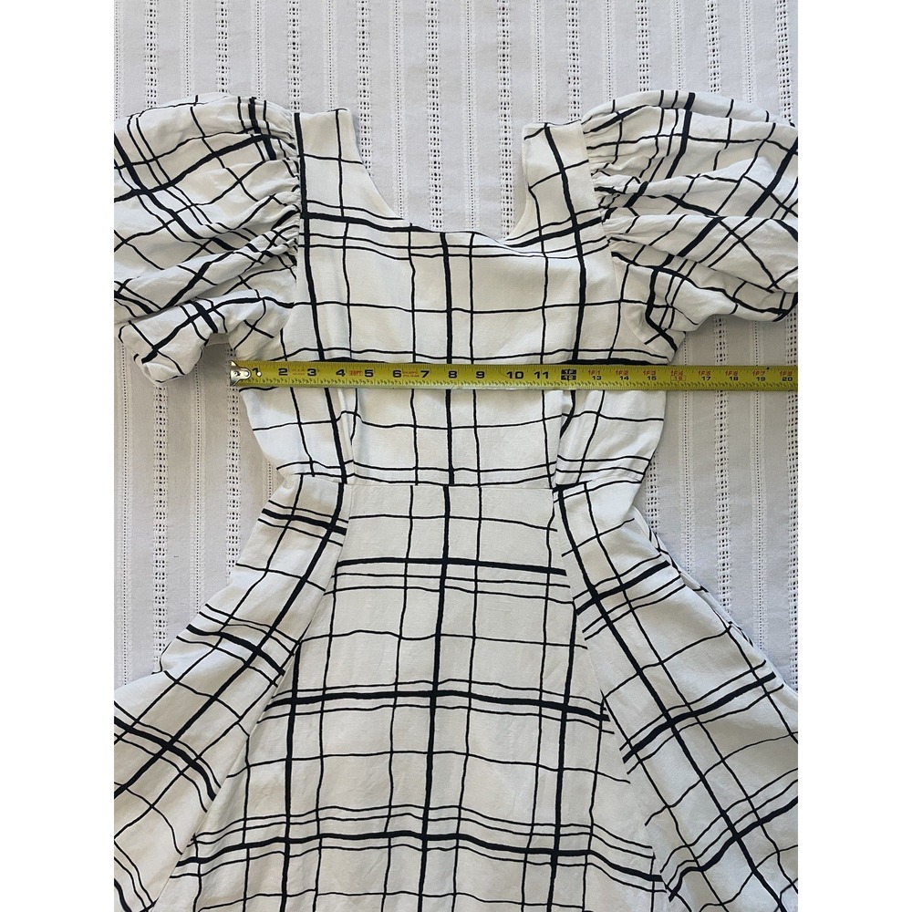 Aureta Linen Blend Puff Sleeve Mini Dress Abstract Grid Check Open Back Size S - Picture 10 of 13